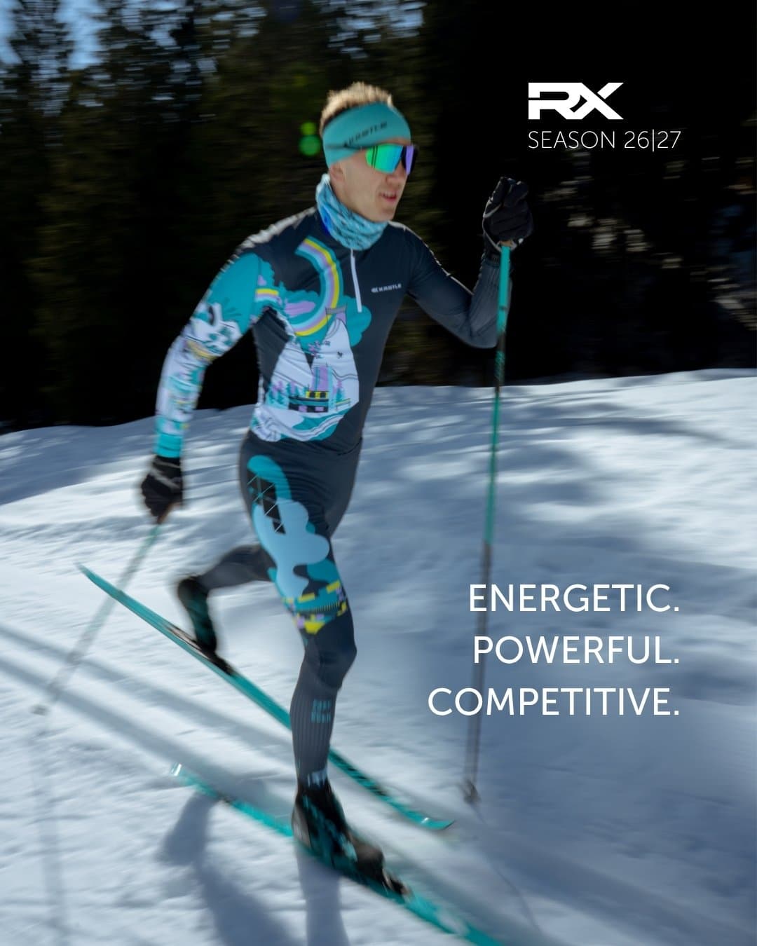 Nordic skier moving quickly on a snowy track